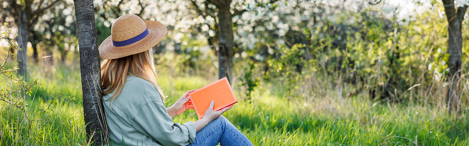 Junge Frau sitzt auf einer Wiese und liest ein Buch bei ihrer Digital Detox Erfahrung