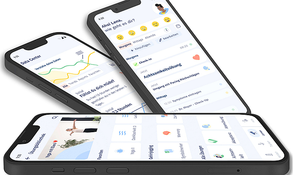 Die Fimo Health App ist für den Alltag mit chronischer Erkrankung. Smartphones mit Ansicht der App.