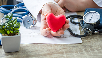 Arzt sitzt am Schreibtisch und hält ein rotes Herz in der Hand.