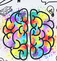 Man sieht Grafiken zu Bildungsthemen und eine Hirnskizze.