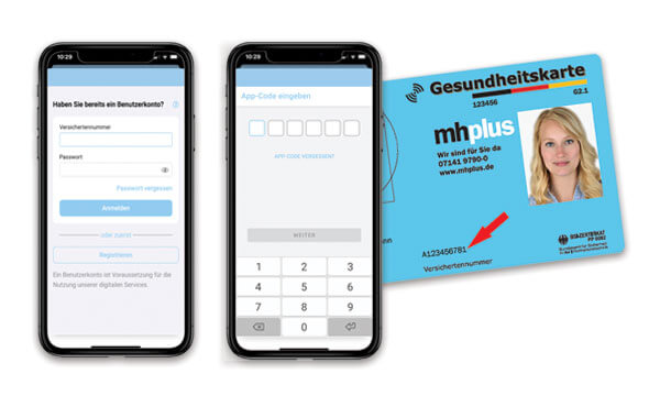Das Bild zeigt die Anmeldung zur elektronischen Patientenakte und die mhplus-Gesundheitskarte.